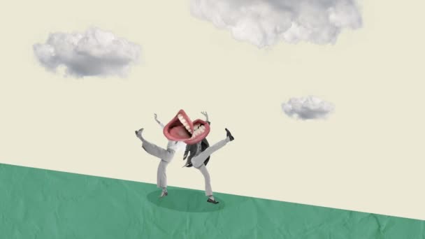 Arrêtez Mouvement Animation Homme Femme Avec Des Têtes Bouches Géantes — Video