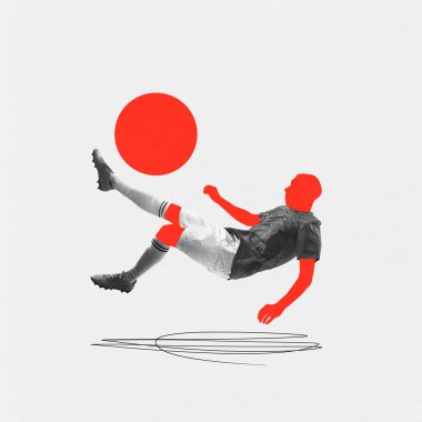 Konsantre adam, sporcu, maç sırasında hareket halinde olan futbolcu, renkli elementlerle hafif arka planda oynuyor. Çağdaş sanat kolajı. Spor, rekabet, şampiyonluk, turnuva konsepti