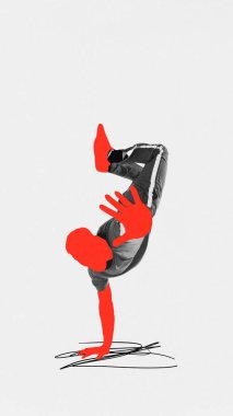 Genç adamın dinamik görüntüsü, dansçı beyaz arka planda soyut renkli arka planda break dans yapıyor. Çağdaş sanat kolajı. Spor, rekabet, şampiyonluk, turnuva konsepti