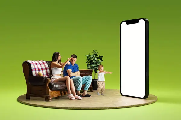 Family arguing. Man and woman sitting couch and looking on 3D model of mobile phone with empty screen over green background. Online payment, shopping, sales. Mockup for text, ad, design, logo