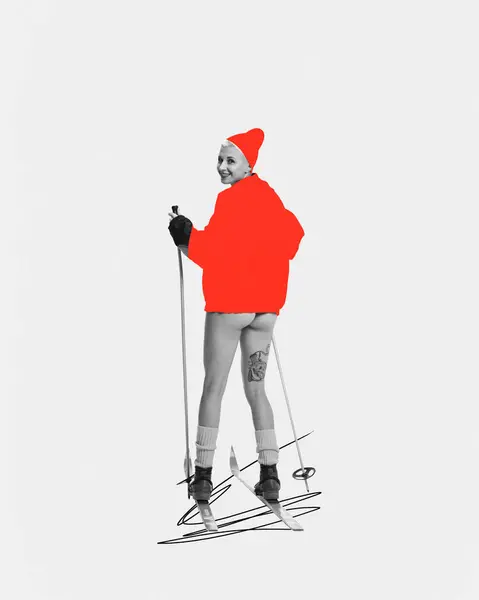Poster. Contemporary art collage. Pretty lady in monochrome filter with bare legs stands on skis and in bright drawn uniform. Concept of kinds of sport, creativity, hobby, activity. Copy space.