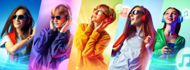 Gençler kulaklıkla müzik dinliyorlar. Renkli arka planda neon ışıklarla. Parti, DJ, müzik festivalleri. Kolaj. İnsani duygu, müzik, gençlik, eğlence ve neşe kavramı