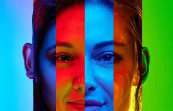 Collage made of narrows stripped of different people over multicolored background in neon light. Human equality. Concept of diversity, emotions, lifestyle, freedom, acceptance