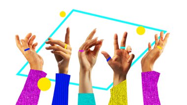 Poster. Çağdaş sanat kolajı. Beyaz arka planda, geometri figürleriyle dans ederken ellerini kaldır. Sanat anlayışı, disko, parti, retro moda, mutlu ve eğlenceli, kulüp, gece hayatı.