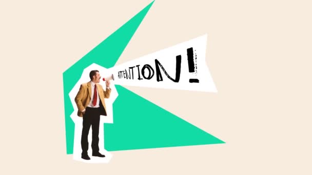 Kreative Animation Stop Motion Geschäftsmann Chef Manager Brüllen Megafon Rufen — Stockvideo