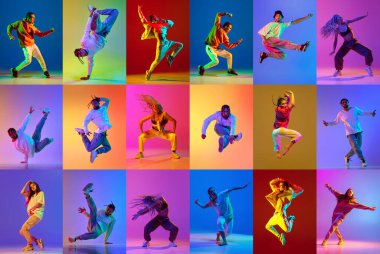 Yetenekli genç dansçılarla çağdaş yaratıcı kolaj, erkek ve kadın, neon ışıkta serbest dans eden. Gençlik kavramı, hobi, retro tarzı, 90 'ların çağı, moda, yaşam tarzı, reklam.