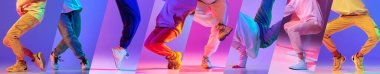 Profesyonel dansçıların kesilmiş portrelerinden oluşan kolaj, neondaki kolları ve bacakları düzgün hareket ettirir. Gençlik kavramı, hobi, eski tarz, 90 'ların çağı, moda, yaşam tarzı, reklam. Pankart