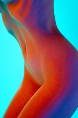 İnce, seksi, çıplak kadın vücudu, göbeği, kalçaları neon ışıkta mavi arka planda. Vücut estetiği, sanat, güzellik, duygusallık, çıplaklık, cazibe, kadın halısı kavramı