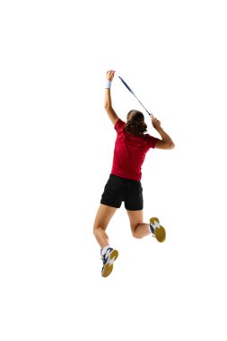 Enerjik arka plan portresi şampiyonluk hazırlıklarının ruhunu yakalıyor. Yetenekli badmintoncu figürlerini sergiliyor. Spor anlayışı, spor türleri, güç ve güç. Boşluğu kopyala.