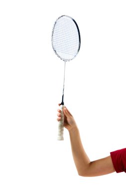 Bayan badminton oyuncusunun kesilmiş fotoğrafı, sporcu beyaz stüdyo arka planında raketi elinde tutuyor. Spor Malzemeleri. Spor anlayışı, aktif yaşam tarzı, güç ve güç, eylem. Boşluğu kopyala.