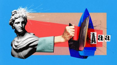 Çağdaş sanat kolajı. Antika anıt eski demiri tutuyor ve canlı sürrealist arka planda yüksek sesle bağırıyor. Baskı kavramı. Dönem karşılaştırmaları, duygusal ifade anlayışı.