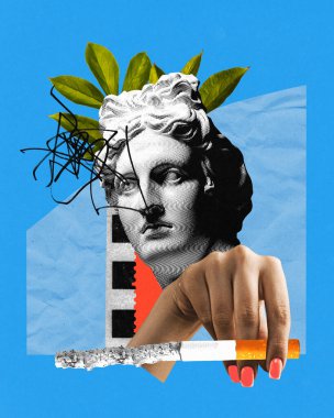 Çağdaş sanat kolajı. Postmodern sanat eserleri. Kafasında bitkiler olan siyah beyaz filtreli antika bir heykel ve elinde sigara var. Dönem karşılaştırmaları, sağlıksız alışkanlıklar, kişisel bakım kavramı.