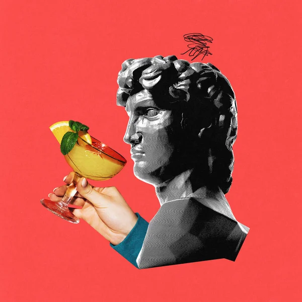 Contemporary art collage. Antique Greek statue in halftone effect drinking sweet and sour exotic cocktail, drink against coral color background. Concept of comparisons of eras, party mood. Ad