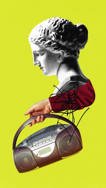 Contemporary art collage. Antique Greek statue holds retro stereo system and listening popular music soundtracks against green background.. Concept of comparisons of eras, hobby and interests.