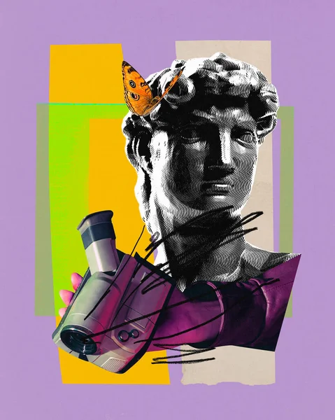 Contemporary art collage. Antique statue in black and white filter holds retro video camera against abstract designed vivid background. Concept of comparisons of eras, modernization, creativity.
