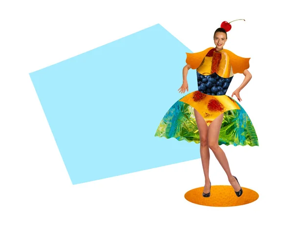 Contemporary art collage. Young attractive lady dressed in elegant dress from fruits and berries against white background. Concept of food, restaurant, healthy dieting, ethnic cuisine. Ad