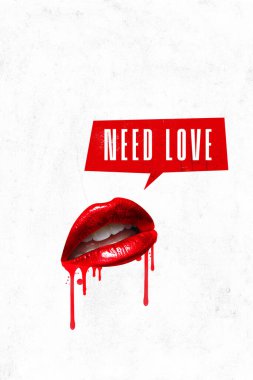 Poster. Çağdaş sanat kolajı. Kırmızı rujla dolgun dudakları olan kırmızı boyalar fısıldıyor, sevgi duydukları konuşma baloncukları. Sevgililer Günü kavramı, aşk, duygular.