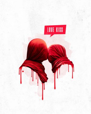 Poster. Çağdaş sanat kolajı. Yüzü kırmızı eşarplara sarılı kırmızı boyaların öptüğü iki kişi. Yazılı aşk öpücüğü içeren konuşma balonu. Aşk kavramı, Sevgililer Günü, tarih