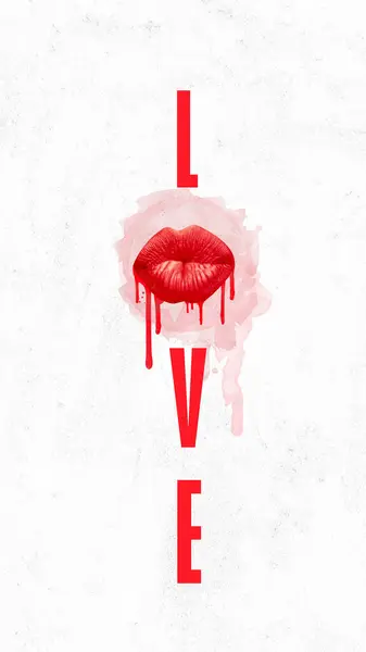 Poster. Contemporary art collage. Inscription love with red plump female lips from which red paint drips instead of letter O. Concept of Valentines Day, feelings, relationship, dating.