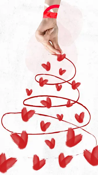 Poster. Contemporary art collage. Unrecognizable person hand draws cute curls with hearts in watercolor flax style on white background. Concept of Valentines Day, holiday, feelings, relationship.