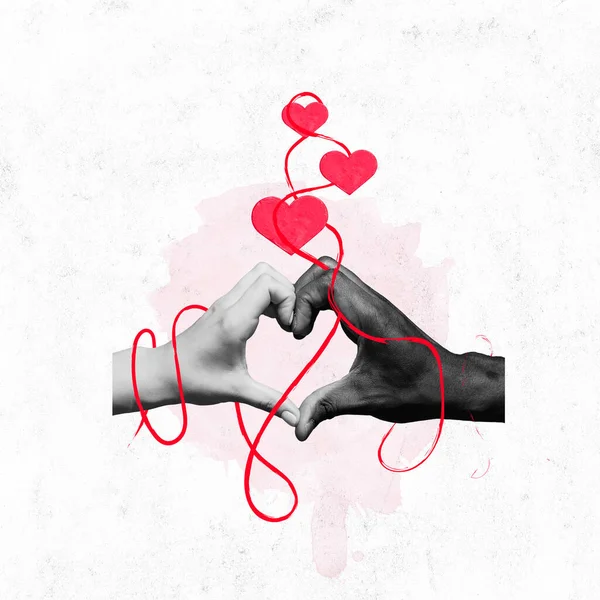 Poster. Contemporary art collage. Two hands in black and white filter make heart drawn lines wrap around them and get red hearts. Concept Valentines Day, love, relationship, date, feelings.