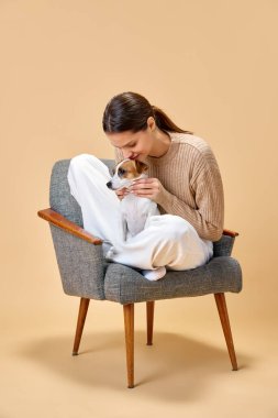 Genç ve çekici bir bayan, güzel evcil hayvanıyla koltukta otururken bej arka planda Jack Russel teriyeriyle iyi eğlenceler. Hayvan sevgisi, evcil hayvan sevgisi, arkadaşlık, ev hayatı kavramı..