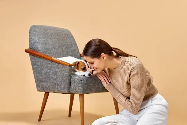 Happy time with pet. Young beautiful woman posing with her favorite dog, purebred Jack Russell Terrier against beige background. Concept of animal, pet lover, friendship, domestic life, companionship.