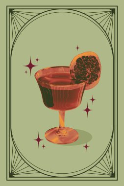 Poster. Çağdaş sanat kolajı. Yaratıcı retro sanat eserleri. Mükemmel tatlı ve ekşi Cosmopolitan kokteyli retro renk filtresi. Restoran menüsü kavramı, parti, tatil, alkol içeceği, klasik.
