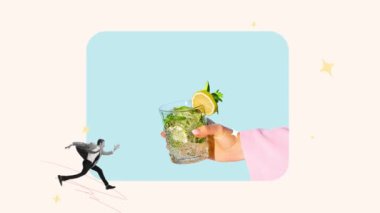 Çağdaş stop hareketi. Geçmişe dönük yaratıcı animasyon. Alkollü mojito kokteyline doğru koşan bir iş adamı. Partiye geç kaldım. Eğlence anlayışı, parti, yaşam tarzı, Cuma buluşması, hafta sonu