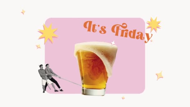 当代停止运动 复古风格的创意动画 两个年轻人 海员拉大啤酒杯作为假日的象征 娱乐概念 生活方式 周五会议 — 图库视频影像
