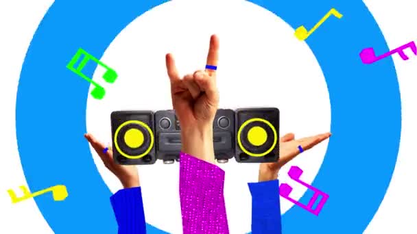 Остановите Движение Анимация Неузнаваемые Люди Танцующие Музыку Винтажного Магнитофона Искусство Лицензионные Стоковые Видео