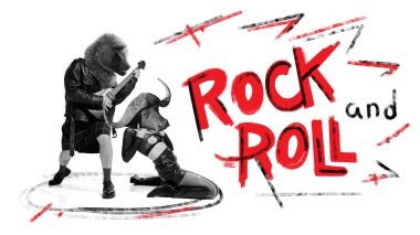 Poster. Contemporary art collage. Rock group with wild animal spirit, people with heads of baboon and bull as rock star playing rock music on guitar. Concept of energy music, urban, culture, style.