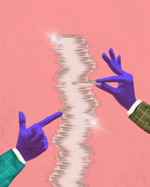 Çağdaş sanat kolajı. - Paranın değeri. Eller büyük para birikimlerinden para çıkarır. Kumlu kumaş etkisi. İş kavramı, finansal okur yazarlık, bankacılık, depozito, maaş. Ad