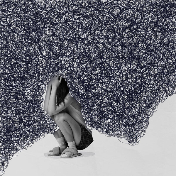 Contemporary art collage. Young girl sits in fog of scribbles symbolizing her obsessive negative thoughts and attitudes. Concept of melancholy, depression, mental health, psychology. Ad