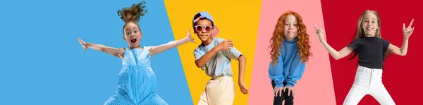 Creative Collage Made Portrait Stylishly Dressed Kids Posing Motion Multicolored — Stock Photo, Image
