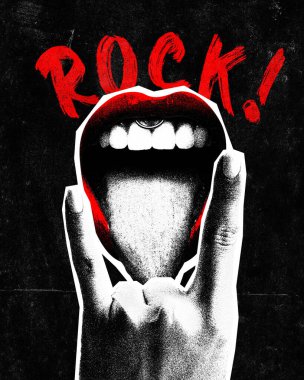 Poster. Çağdaş sanat kolajı. Dili ve eli olan bir kadın punk müziğinin ve şarkıların isyankar ruh patlamalarını simgeleyen taş hareketlerini sergiliyor. Rock-n-roll günü konsepti, konser, festival. Ad.