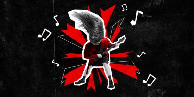 Poster. Çağdaş sanat kolajı. Müzik notaları, punk gitaristinin çaldığı çılgın ve gürültülü müzikten enerji saçar. Rock-n-roll günü konsepti, konser, festival. Dergi tarzı.