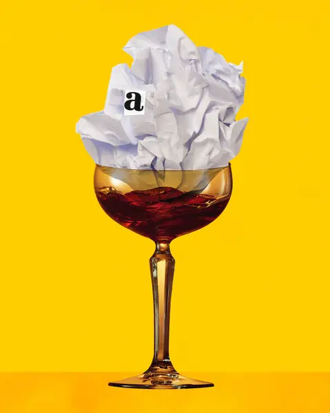 Contemporary art collage. Lost in thought. Glass of alcoholic cocktail with smashed paper and letter A stands against yellow background. Concept of party, surreal, lifestyle, nightclub, Friday mood