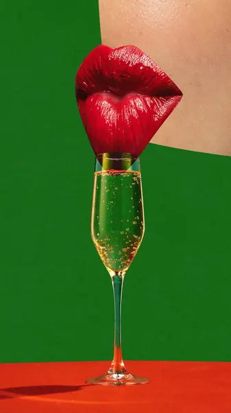 Contemporary art collage. Kissed by Midnight. Glass of sparkled wine, champagne, with lips with bright red lipstick who reach for glass. Concept of party, surreal, lifestyle, nightclub, Friday mood.
