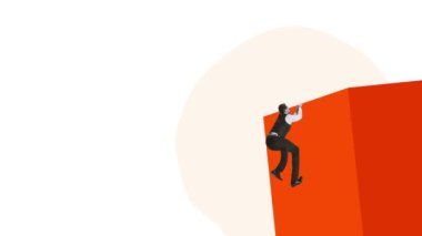 Yaratıcı stop hareketi. Modern animasyon. Kırmızı bloğun tepesine tırmanan adam başarıyı ve başarıyı simgeliyor. Motivasyon kavramı, kişisel ve profesyonel büyüme, başarı, iş, hedef, reklam