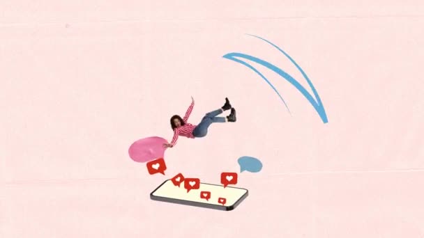 Зупинити Рух Анімація Молода Дівчина Падає Екран Телефону Наповнений Іконками — стокове відео