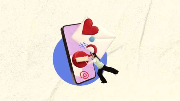 Enviar Mensagens Parar Movimento Animação Menina Empurrando Carta Dentro Tela — Vídeo de Stock