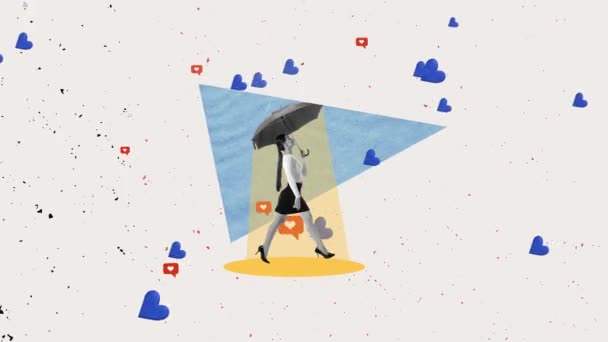 動かないで アニメーション アイコンのようなメディアから隠れている傘の下を歩く若い陽気な女性 ソーシャルメディア中毒 現代のライフスタイルと広告の概念 — ストック動画