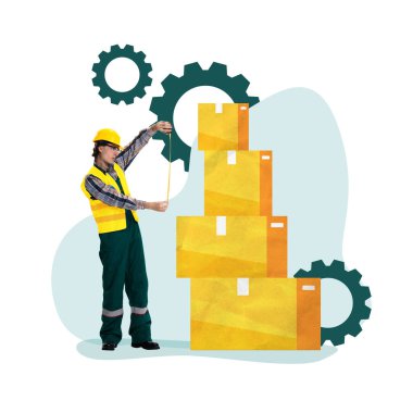 Çağdaş sanat kolajı. Kasketli ve yüksek görüş açısına sahip kutular giyen bir işçi. İş kavramı, lojistik, mühendislik. Lojistik eğitim programları için eğitici materyal. Ad