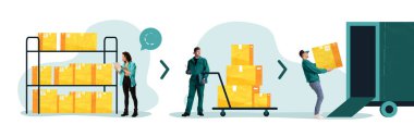 Pankart. Çağdaş sanat kolajı. Üç depo işçisi görevleri paketler, raflar ve teslimat kamyonu ile koordine ediyor. Teslimat hizmetlerinde takım çalışması kavramı, lojistik, tatmin kadrosu, posta.