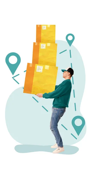 Contemporary art collage. Person in casual attire carrying stacked packages with location pin graphics in background. Concept of courier and delivery services, package tracking, import and export.