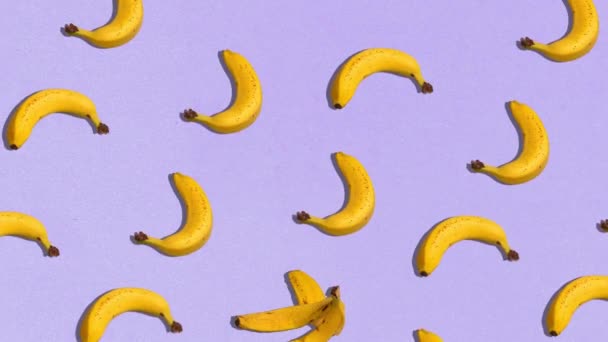 Анимация Пищевой Фруктовый Узор Бананами Фиолетовом Фоне Плоский Лежал Сверху — стоковое видео