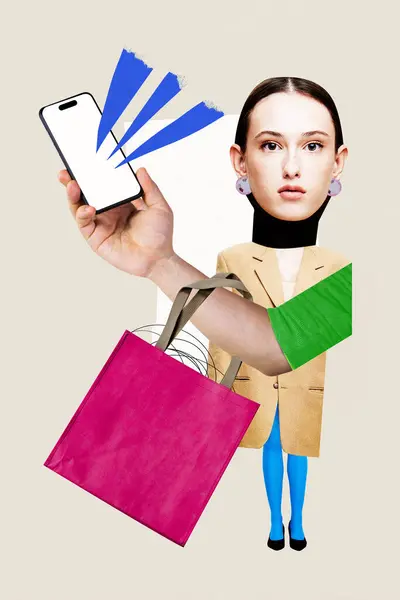Contemporary art collage. Surrealistic collage. Shocked woman looking at hand with shopping bag and holds blank smartphone with blue streaks from it. Concept of business, finance, sales season