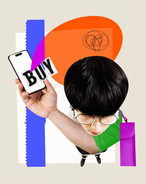 Contemporary art collage. Surrealistic collage. Man holds phone with speech bubble with text Buy. Shopping by terminal. Concept of business, finance, sales season, online shop, transactions.