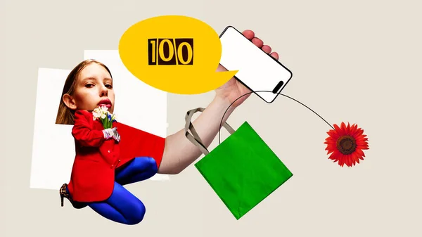 Modern aesthetic artwork. Young girl in red jacket holds bouquet, her smartphone displaying 100 in speech bubble. Concept of simplicity of digital transactions in todays fast-paced world.